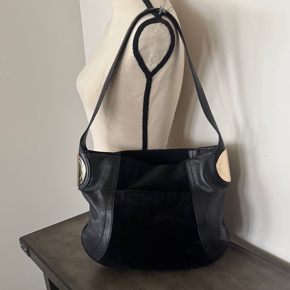 B. Makowsky Giamma Black Leather & Suede Hobo Shoulder Bag Slouchy Gold accents